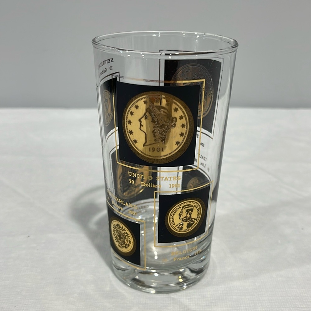 Vintage World Coins glass MCM highball tumbler gold decorated